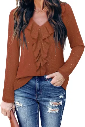 Gaharu Women's Dressy Blouses Long Sleeve Ruffle Shirts Casual Loose Fit Mesh Double Layers Flowy Tunic Tops