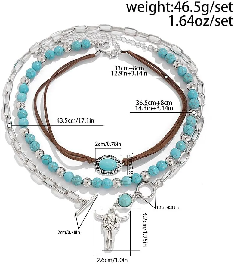 GIGB PBDK Boho Western Necklaces for Women,Turquoise Beaded Layered Necklaces Vintage Cow Cactus Pendant Choker Necklace Set,Cowgirl Jewelry Accessories Gifts