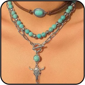 GIGB PBDK Boho Western Necklaces for Women,Turquoise Beaded Layered Necklaces Vintage Cow Cactus Pendant Choker Necklace Set,Cowgirl Jewelry Accessories Gifts