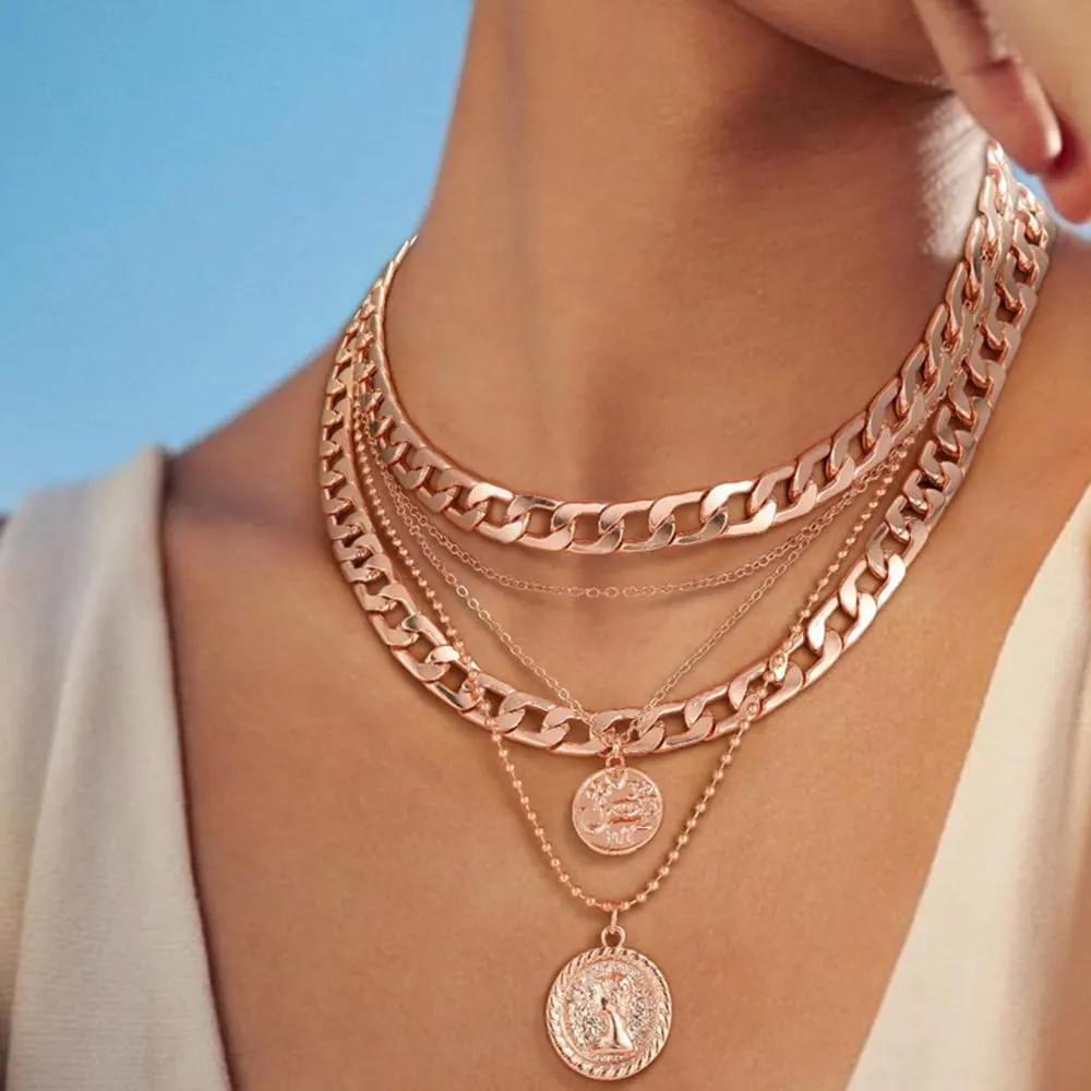 GIGB PBDK Layered Gold Coin Pendant Necklaces for Women Lover,Chunky Cuban Link Chain Choker Necklaces Retro Stackable Silver Necklaces Jewelry Gifts