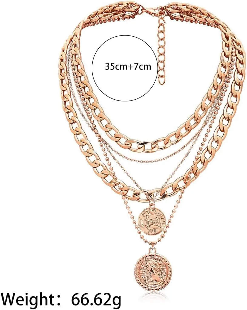 GIGB PBDK Layered Gold Coin Pendant Necklaces for Women Lover,Chunky Cuban Link Chain Choker Necklaces Retro Stackable Silver Necklaces Jewelry Gifts