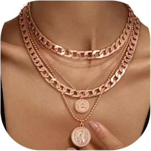 GIGB PBDK Layered Gold Coin Pendant Necklaces for Women Lover,Chunky Cuban Link Chain Choker Necklaces Retro Stackable Silver Necklaces Jewelry Gifts