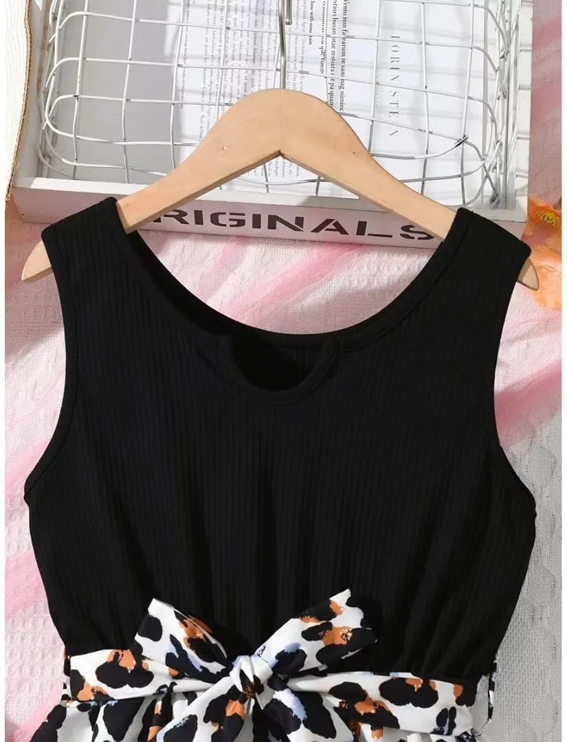 Girl Print Leopard Shorts Romper Notched Neck Sleeveless Jumpsuit 6-14 Years