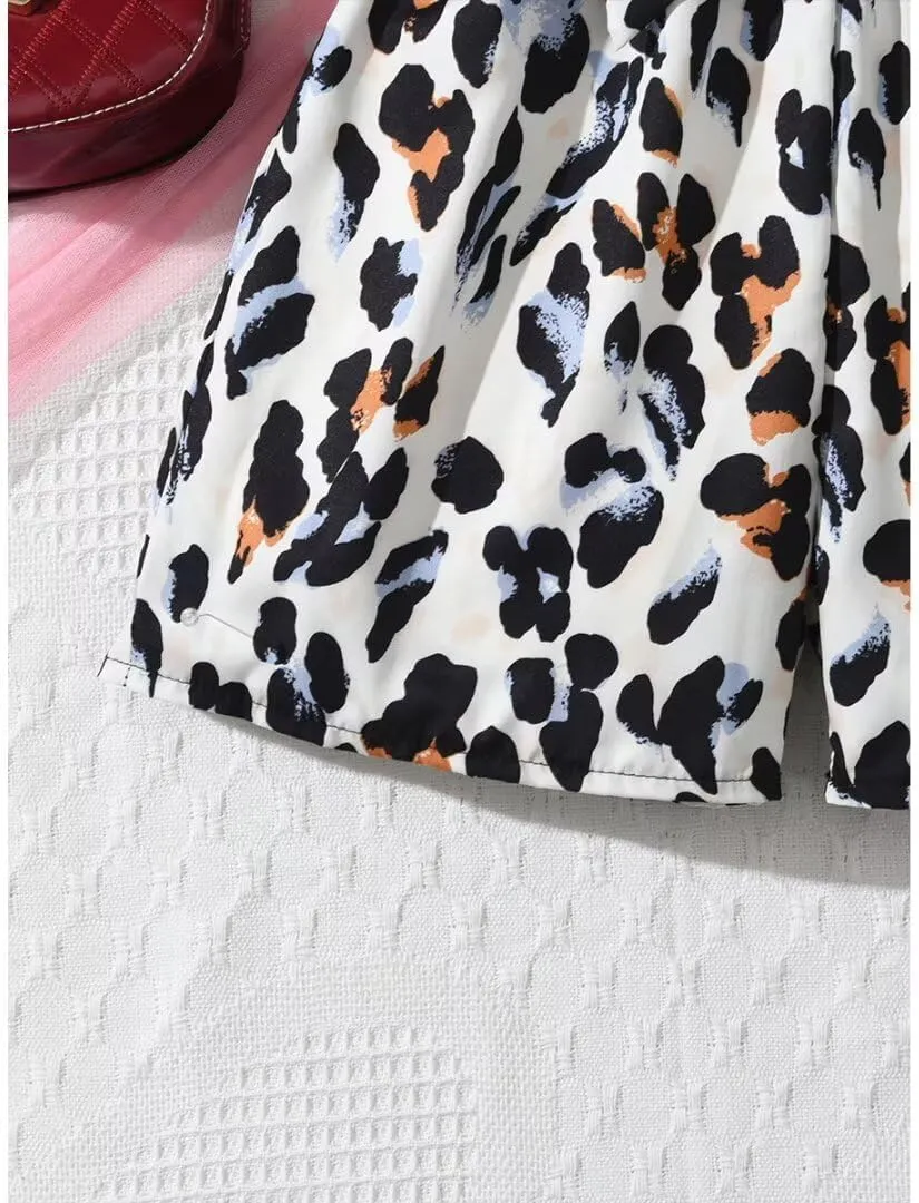 Girl Print Leopard Shorts Romper Notched Neck Sleeveless Jumpsuit 6-14 Years