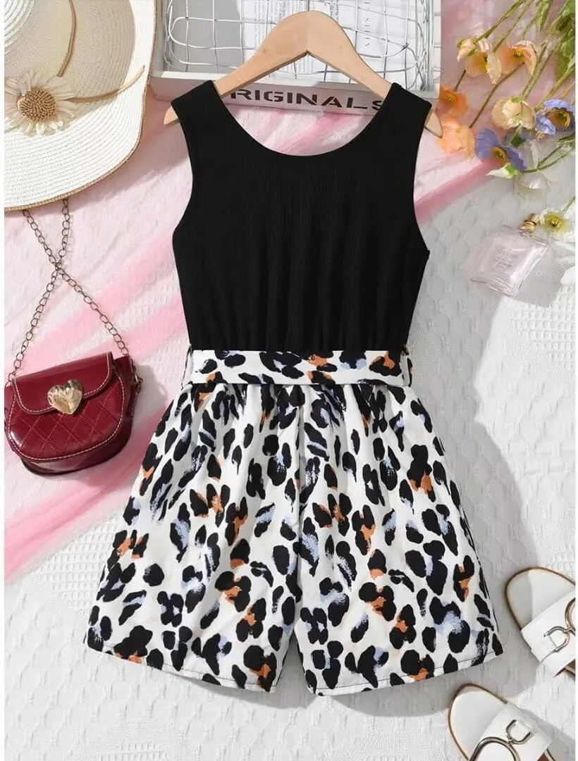Girl Print Leopard Shorts Romper Notched Neck Sleeveless Jumpsuit 6-14 Years
