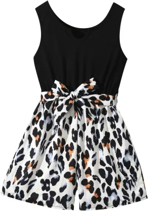Girl Print Leopard Shorts Romper Notched Neck Sleeveless Jumpsuit 6-14 Years