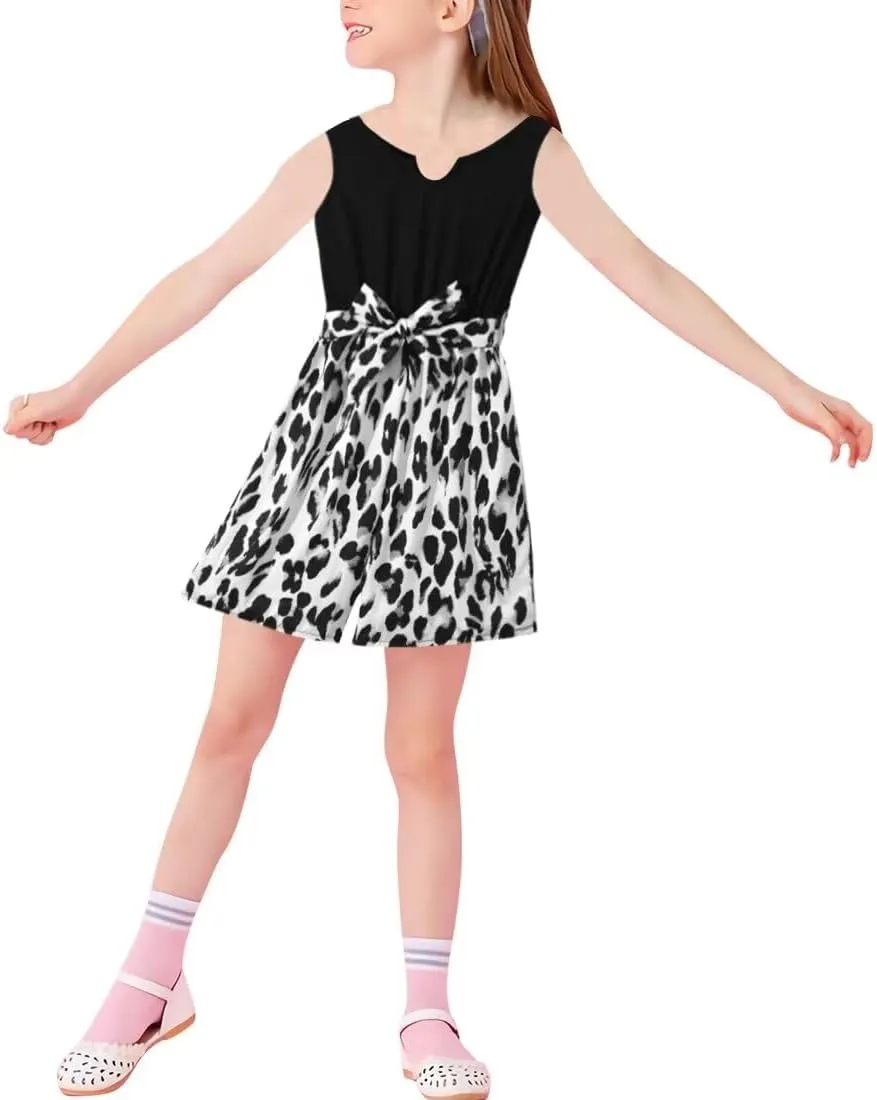 Girl Print Leopard Shorts Romper Notched Neck Sleeveless Jumpsuit 6-14 Years