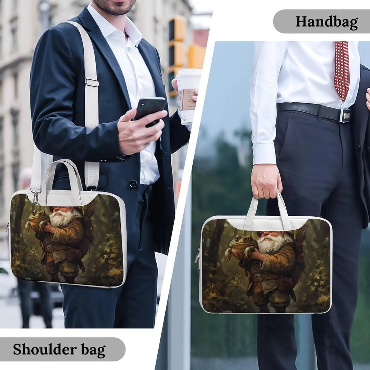 Gnome Hunting Toad Frog Forests Leather Bag Laptop Case Slim Water Resistant Computer Bags with Handle Briefcase for Work