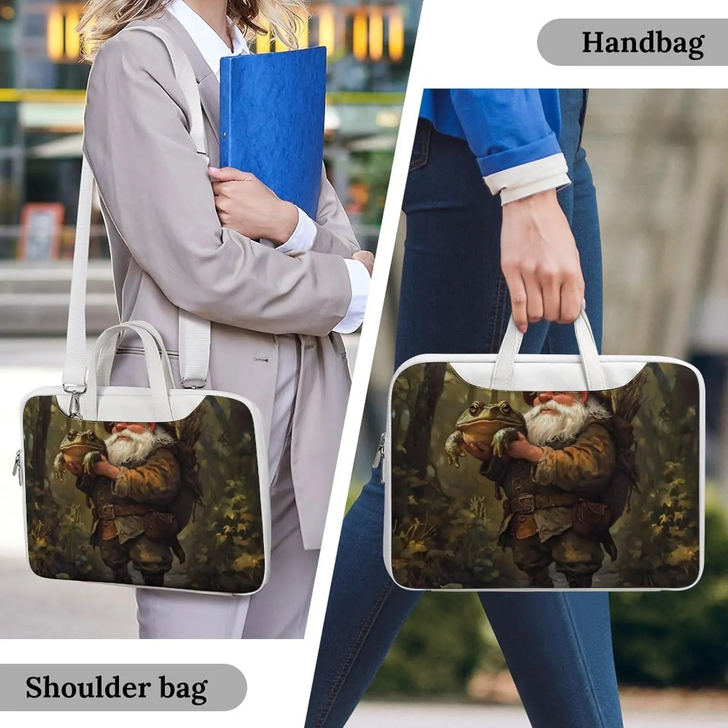 Gnome Hunting Toad Frog Forests Leather Bag Laptop Case Slim Water Resistant Computer Bags with Handle Briefcase for Work