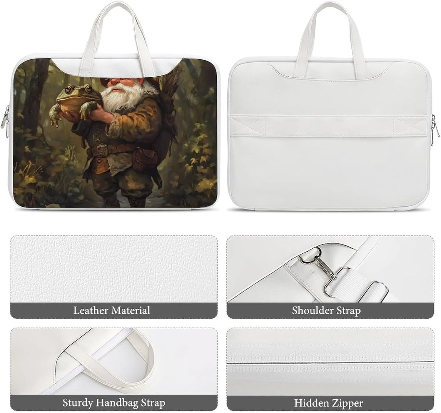 Gnome Hunting Toad Frog Forests Leather Bag Laptop Case Slim Water Resistant Computer Bags with Handle Briefcase for Work