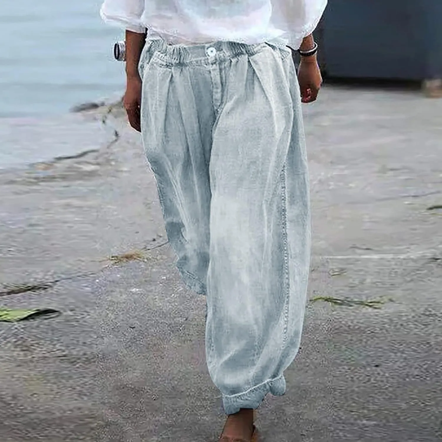 GOKKILRW Womens Boho Casual Harem Pants Baggy Jeans High Waist Wide Leg Loose Baggy Floral Print Hawaii Hippie Beach Pants