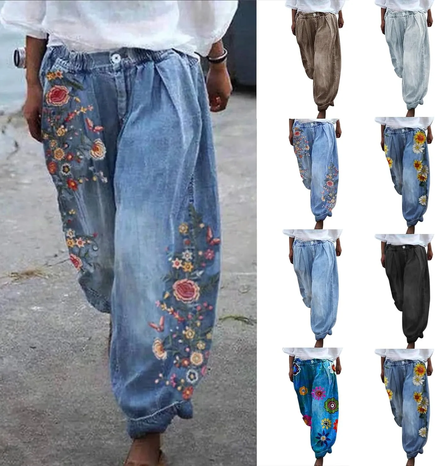 GOKKILRW Womens Boho Casual Harem Pants Baggy Jeans High Waist Wide Leg Loose Baggy Floral Print Hawaii Hippie Beach Pants