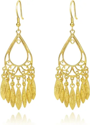 Gold Chandelier Earrings 14K Gold Plated Filigree Feather Big Boho Indian Earrings Statement Earrings for Women
