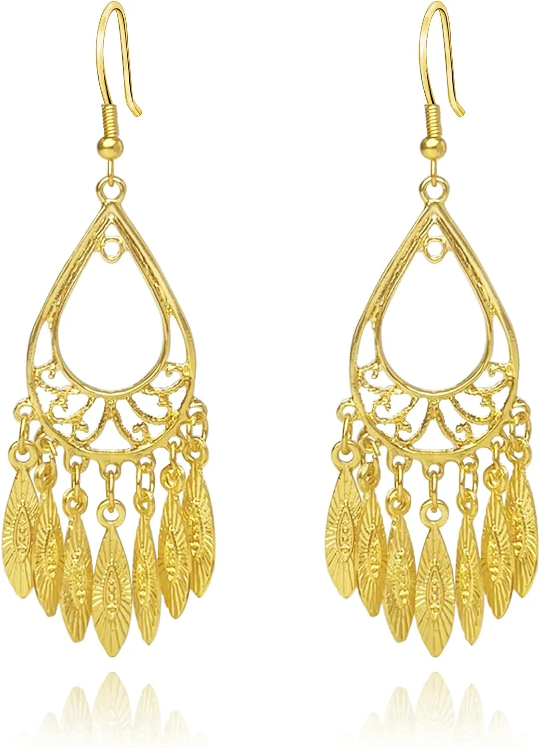 Gold Chandelier Earrings 14K Gold Plated Filigree Feather Big Boho Indian Earrings Statement Earrings for Women