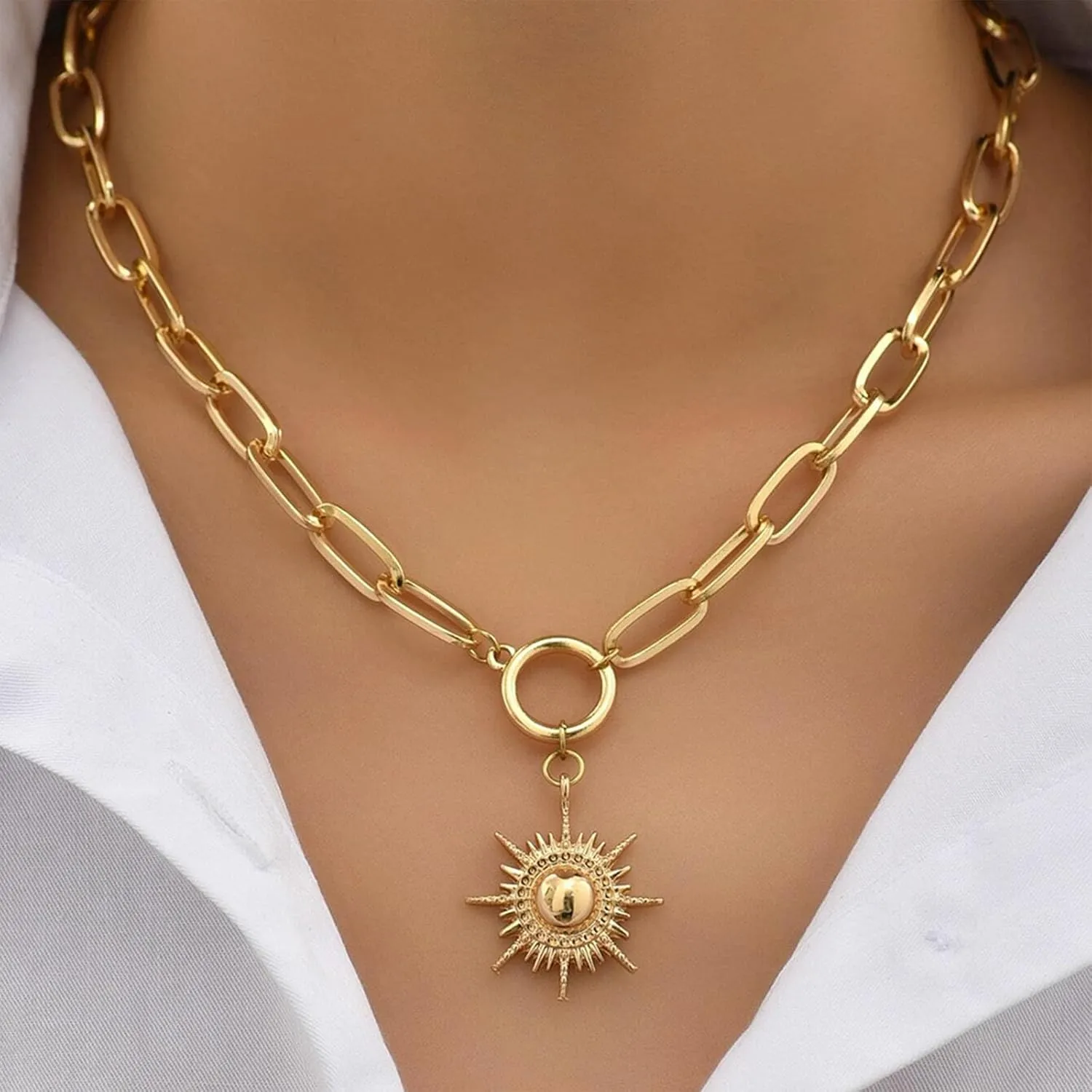 Gold Necklace for Women 18K Gold Plated Sun Paperclip Link Chain Necklaces Sunflower pendant necklaces Chunky Gold Sunshine Celestial Necklaces Minimalist Jewelry