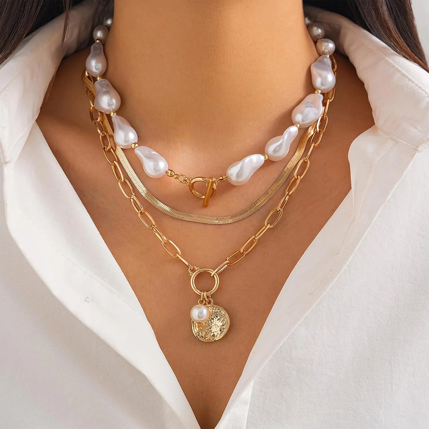 Gold Pearl Necklace for Women Gold Layered Necklaces Chunky Statement Stackable Necklaces Trendy Necklaces for Women 2025