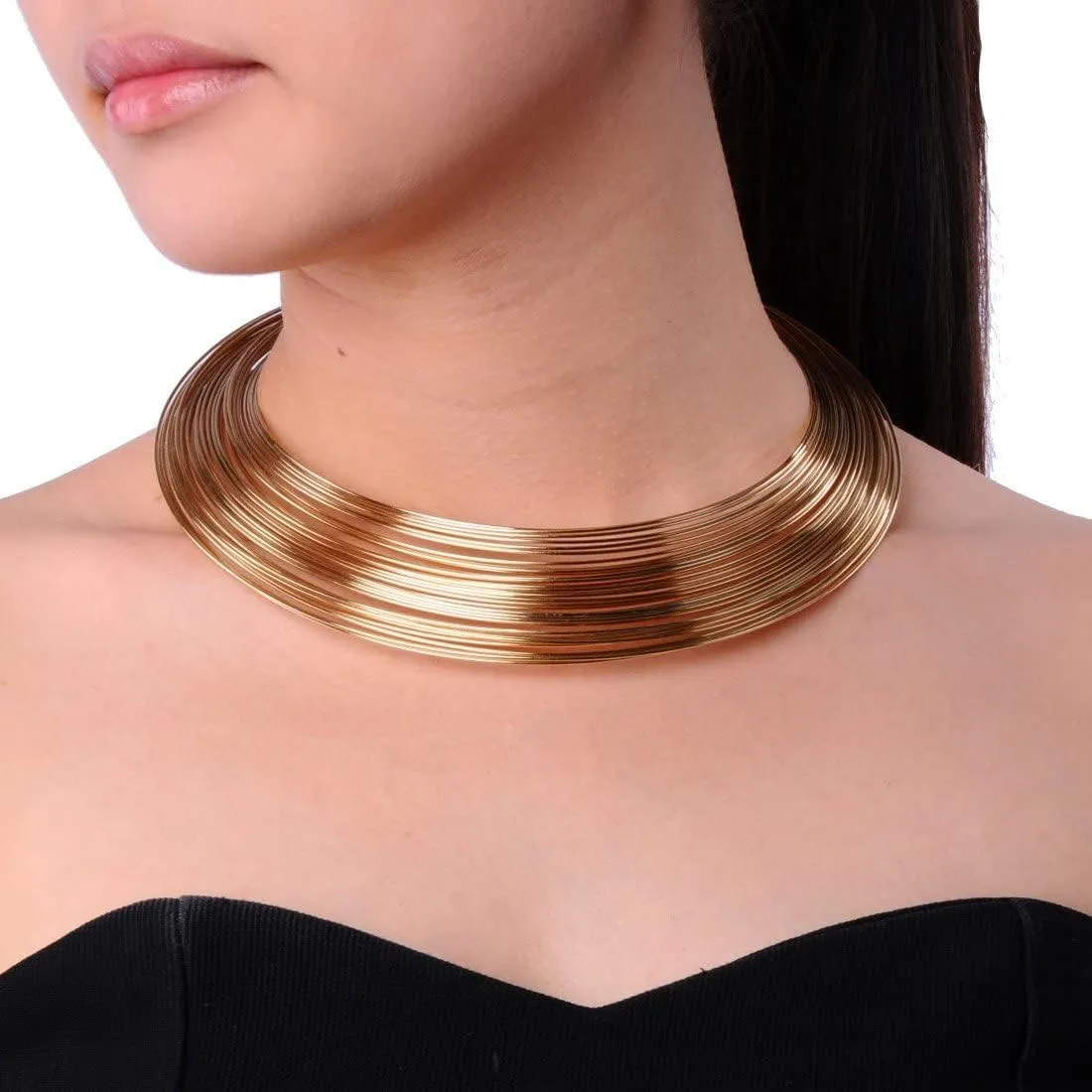 Gold Silver Shiny Multi-layer Metal Wire Collar Necklace Women Jewelry Set