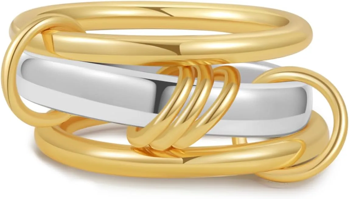 Gold Stackable Rings for Women Non Tarnish, Dainty 14K Gold Plated Stacking Rings with CZ Cubic Zirconia, Mixed Metal Multi Ring Stacks Interlocked Ring Jewelry Gift (Size:7-8)
