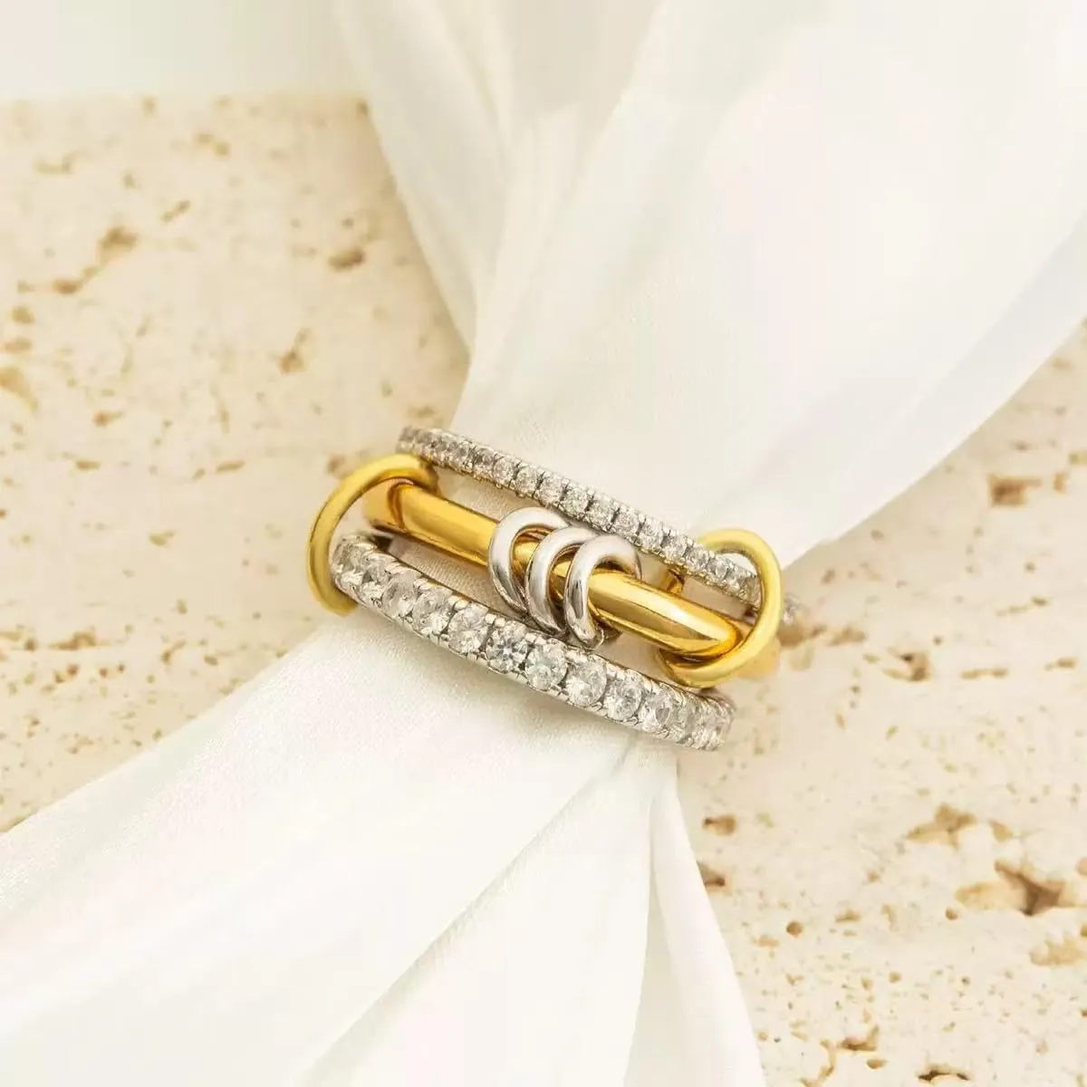 Gold Stackable Rings for Women Non Tarnish,Dainty 18k Gold Plated CZ Cubic Zirconia Rings,Silver Gold Knuckle Multi-Link Connected Rings Set for Wedding Gift and Mother's Day
