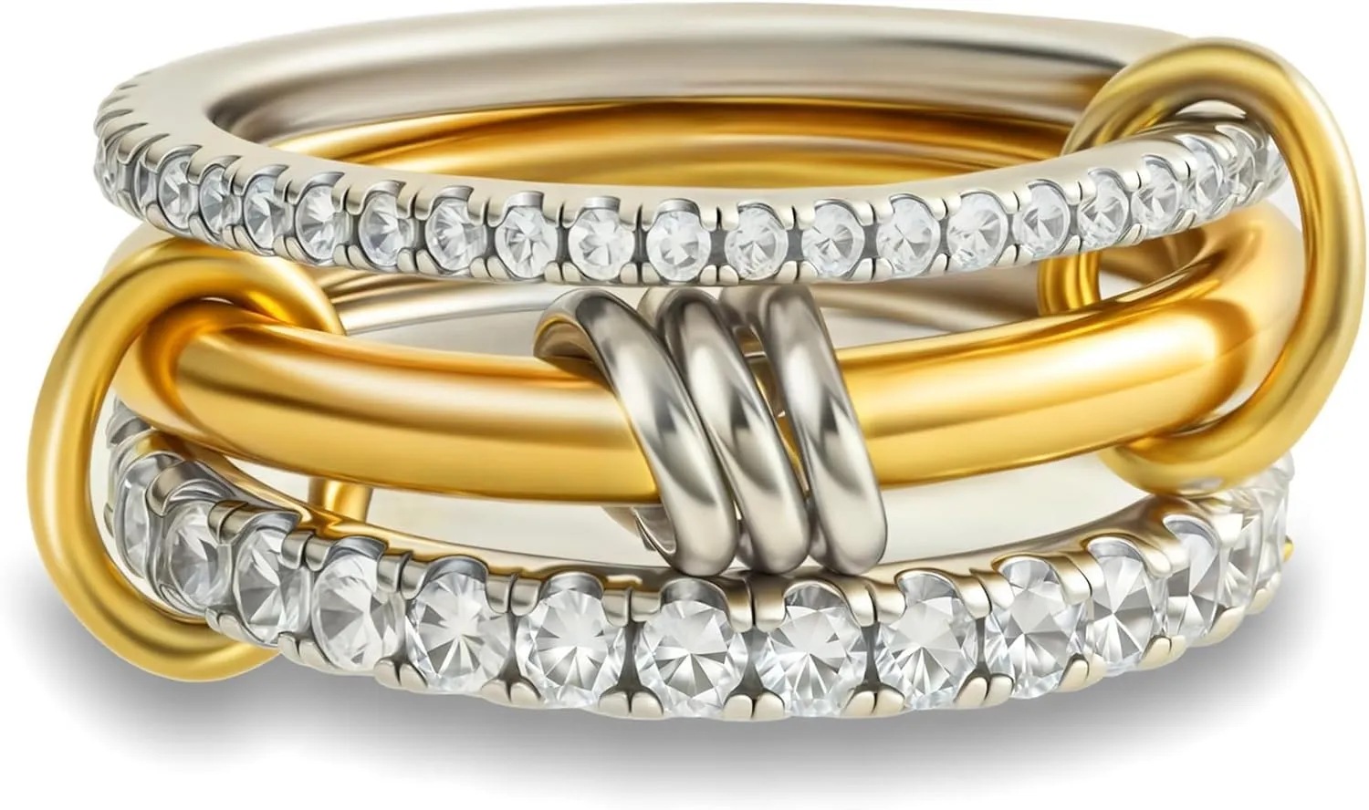 Gold Stackable Rings for Women Non Tarnish,Dainty 18k Gold Plated CZ Cubic Zirconia Rings,Silver Gold Knuckle Multi-Link Connected Rings Set for Wedding Gift and Mother's Day