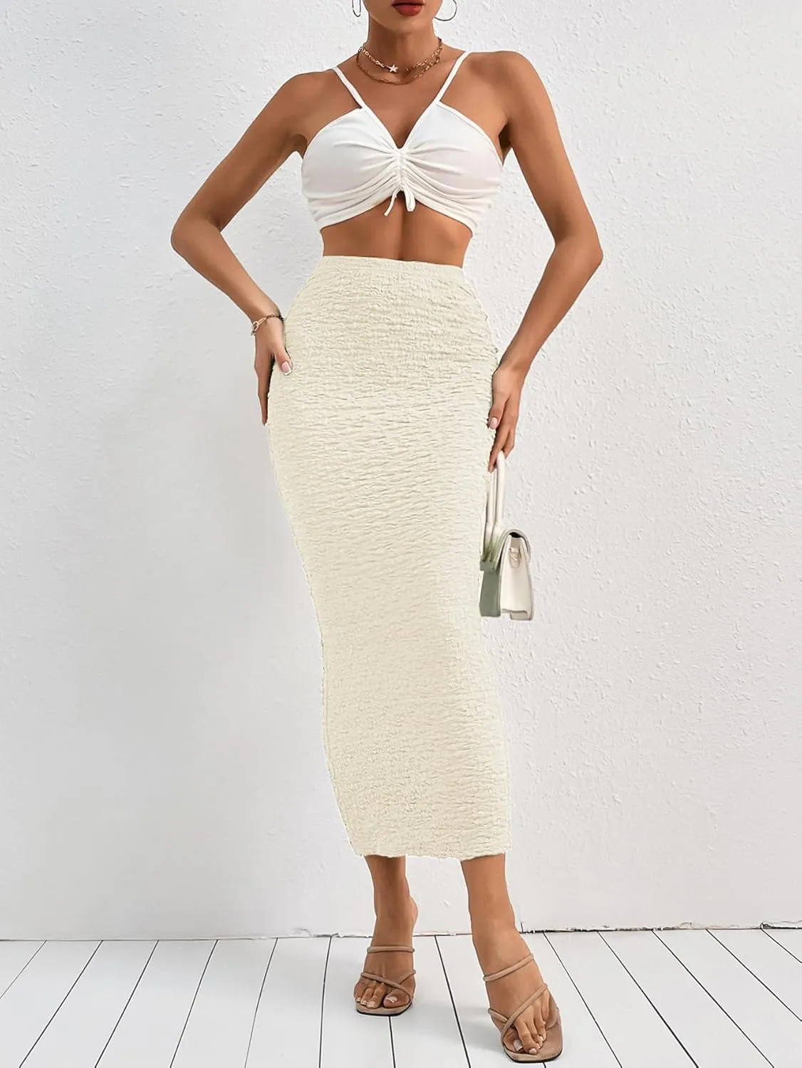 GORGLITTER Women's Texture Bodycon Maxi Skirt High Waist Pencil Long Skirts