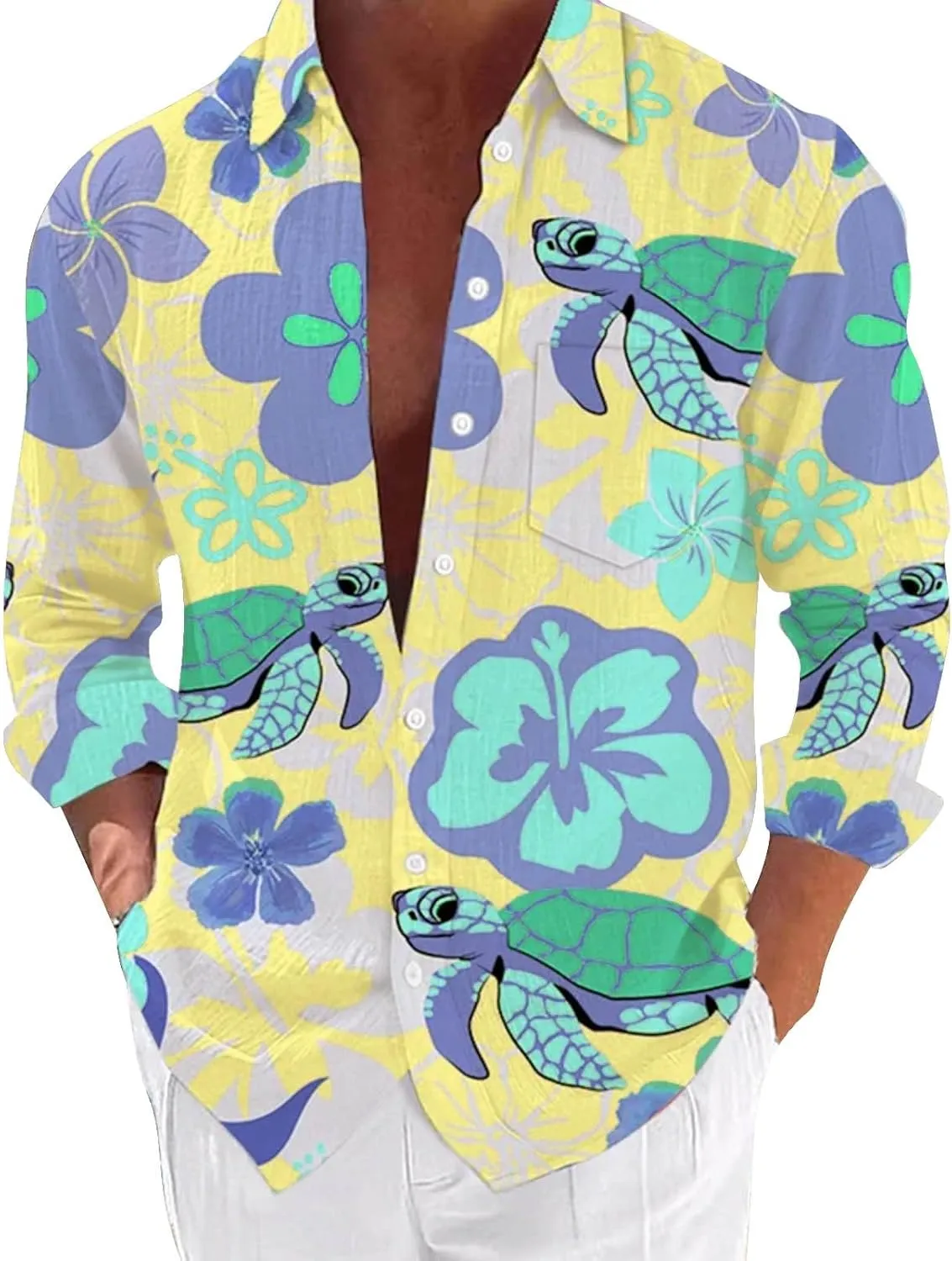 Graphic Button Down Tee Shirts for Men Long Sleeve Roll Up Wrinkle Free Summer Floral Turtle Print Vacation Tee Top