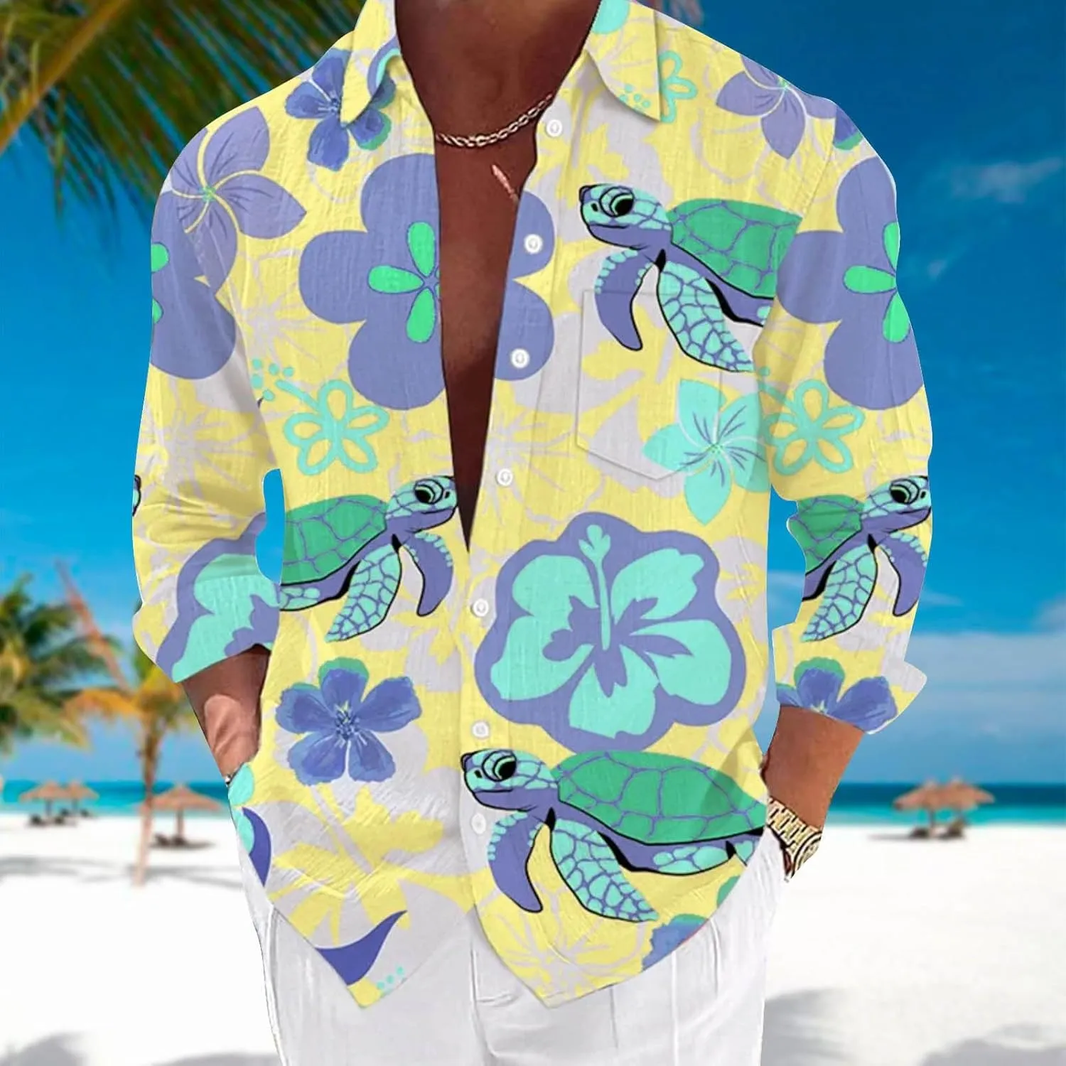 Graphic Button Down Tee Shirts for Men Long Sleeve Roll Up Wrinkle Free Summer Floral Turtle Print Vacation Tee Top