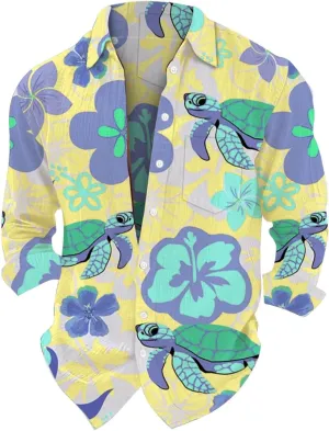 Graphic Button Down Tee Shirts for Men Long Sleeve Roll Up Wrinkle Free Summer Floral Turtle Print Vacation Tee Top