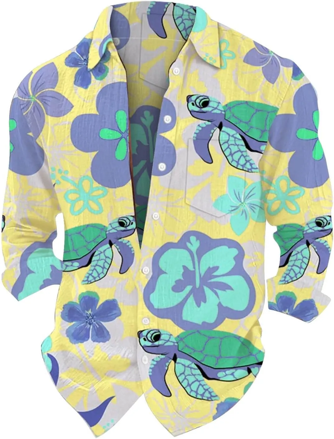 Graphic Button Down Tee Shirts for Men Long Sleeve Roll Up Wrinkle Free Summer Floral Turtle Print Vacation Tee Top