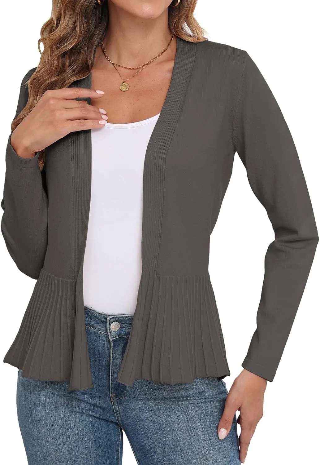 GRECERELLE Women Lightweight Casual Long Sleeves Cropped Cardigan Open Front Peplum Knit Sweater Outwear