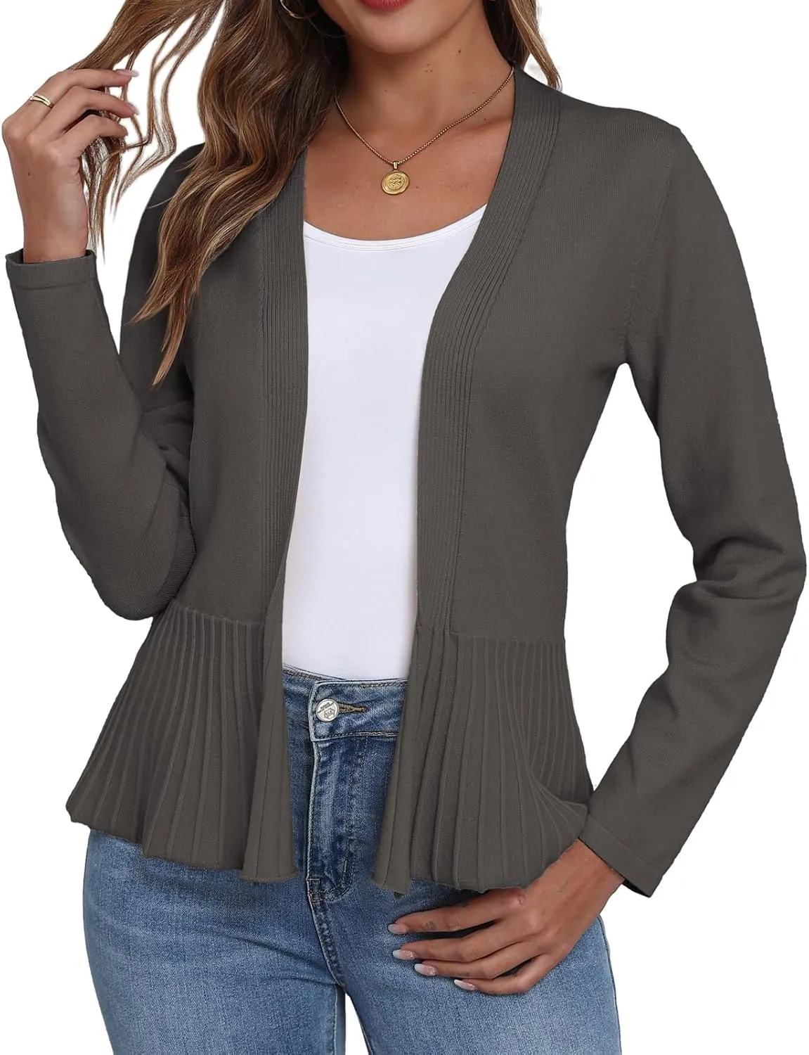 GRECERELLE Women Lightweight Casual Long Sleeves Cropped Cardigan Open Front Peplum Knit Sweater Outwear