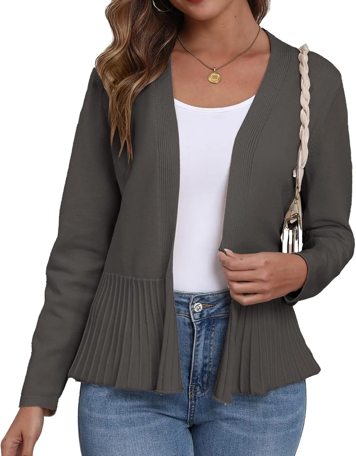 GRECERELLE Women Lightweight Casual Long Sleeves Cropped Cardigan Open Front Peplum Knit Sweater Outwear