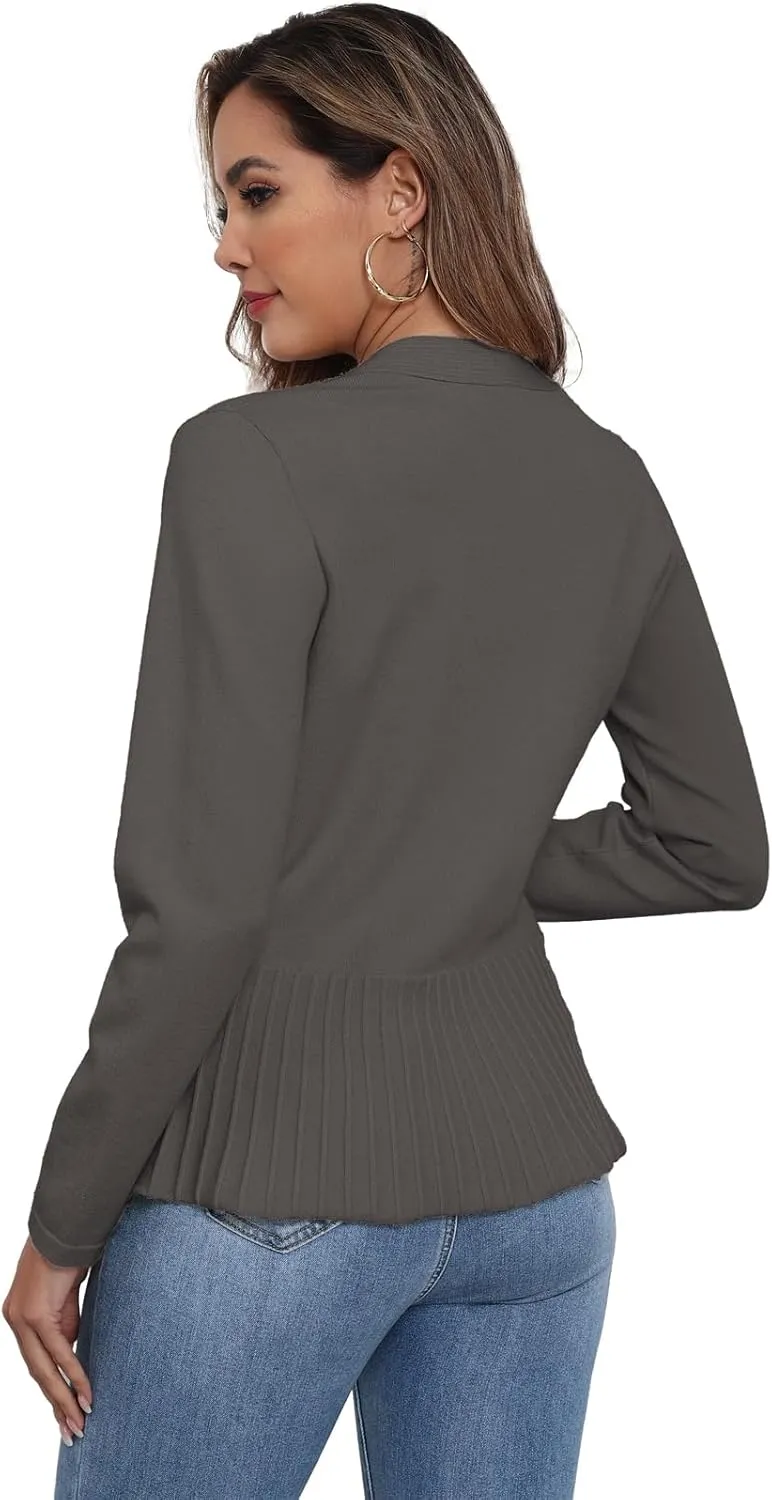 GRECERELLE Women Lightweight Casual Long Sleeves Cropped Cardigan Open Front Peplum Knit Sweater Outwear