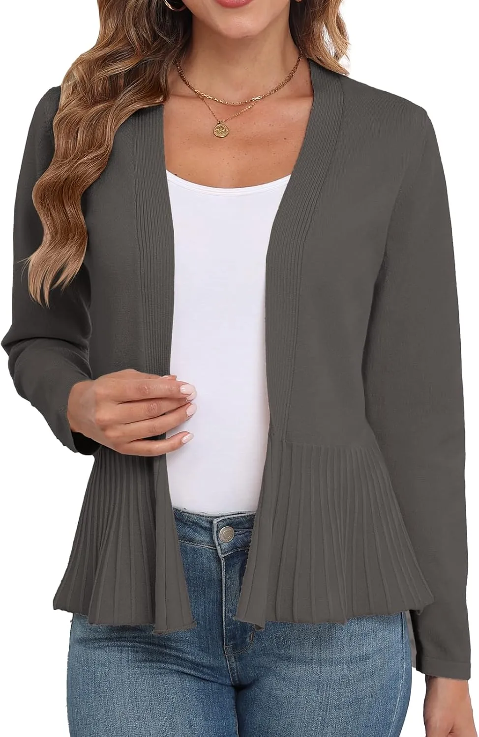 GRECERELLE Women Lightweight Casual Long Sleeves Cropped Cardigan Open Front Peplum Knit Sweater Outwear