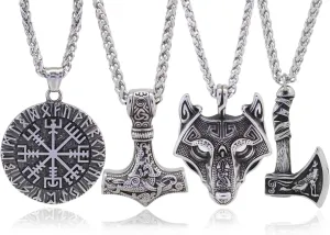 GuoShuang Viking Mens Necklaces - Silver Jewelry Set of Axe, Wolf & Mjolnir Necklaces - 24 Inches