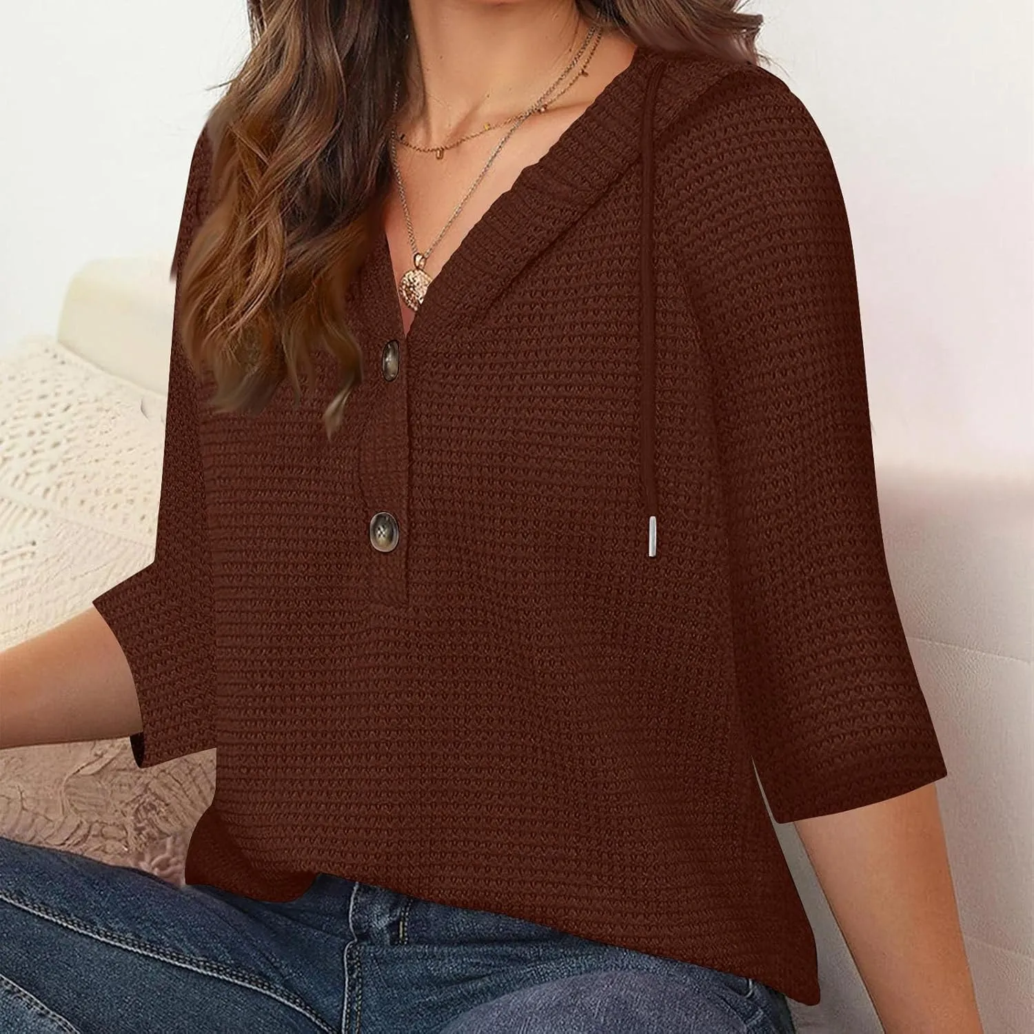 Henley Shirts for Women 3/4 Length Sleeve Button Summer Waffle Hoodies Pullover Cute Vneck Tops Elbow Sleeve Shirts