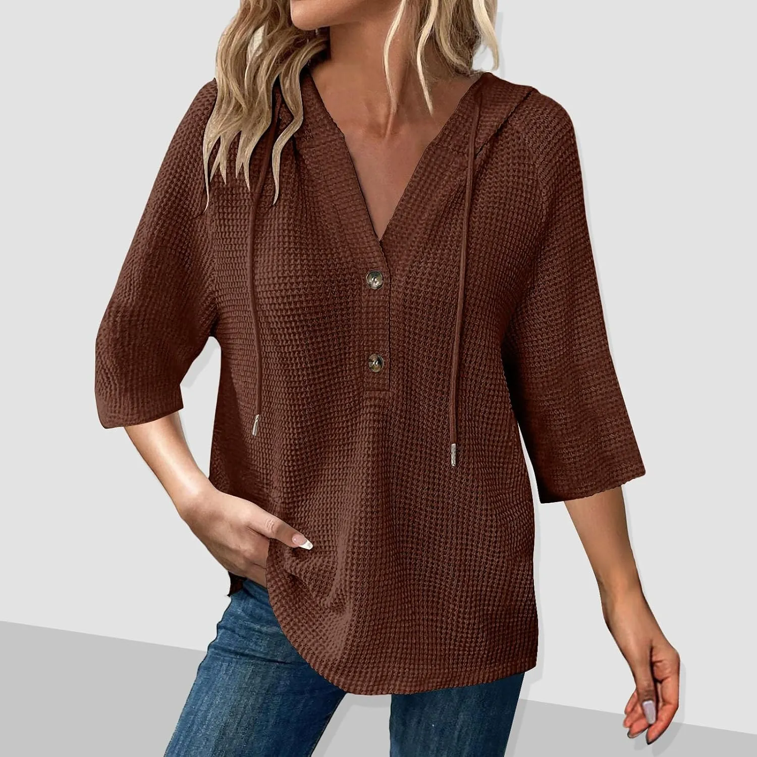 Henley Shirts for Women 3/4 Length Sleeve Button Summer Waffle Hoodies Pullover Cute Vneck Tops Elbow Sleeve Shirts