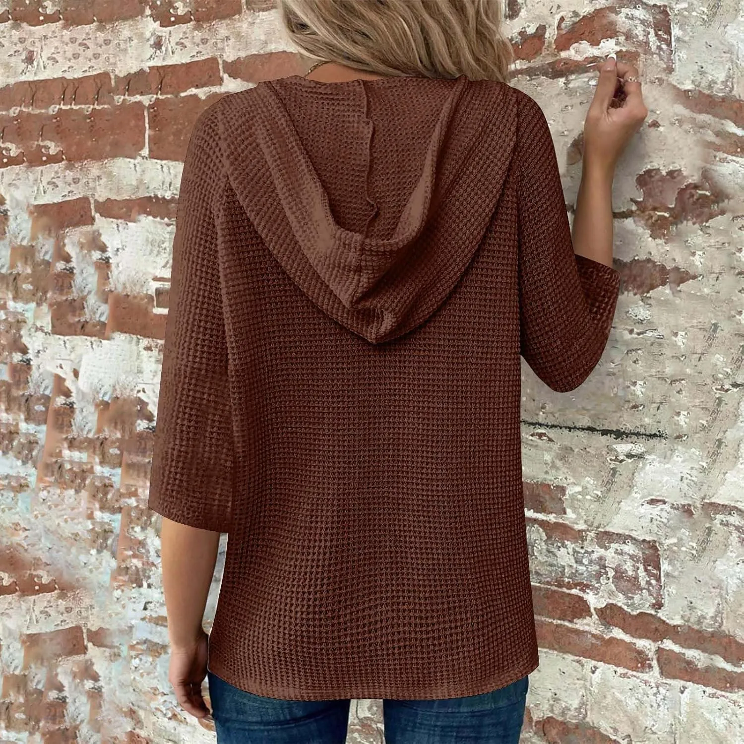 Henley Shirts for Women 3/4 Length Sleeve Button Summer Waffle Hoodies Pullover Cute Vneck Tops Elbow Sleeve Shirts