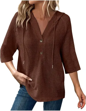 Henley Shirts for Women 3/4 Length Sleeve Button Summer Waffle Hoodies Pullover Cute Vneck Tops Elbow Sleeve Shirts