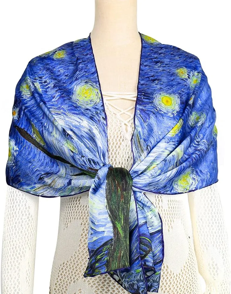 HeyToo Womens 100% Real Silk Scarf Long Satin Floral Artists Painting Fashion Scarves Sunscreen Shawls