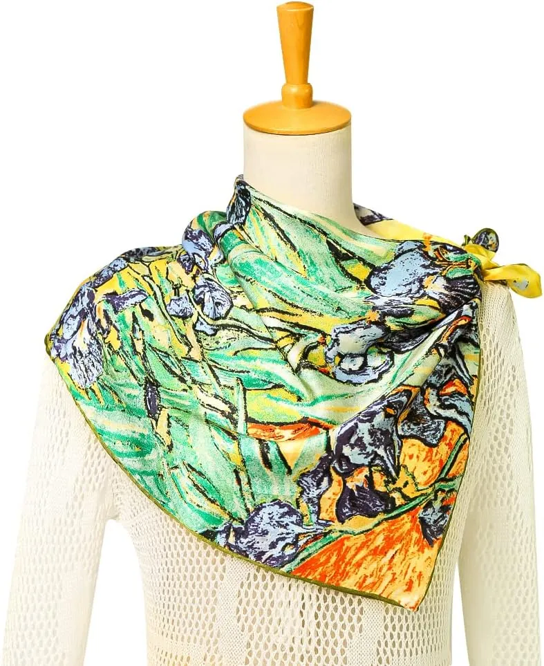 HeyToo Womens 100% Real Silk Scarf Long Satin Floral Artists Painting Fashion Scarves Sunscreen Shawls