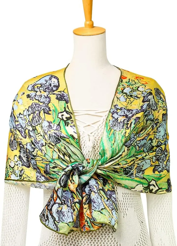 HeyToo Womens 100% Real Silk Scarf Long Satin Floral Artists Painting Fashion Scarves Sunscreen Shawls