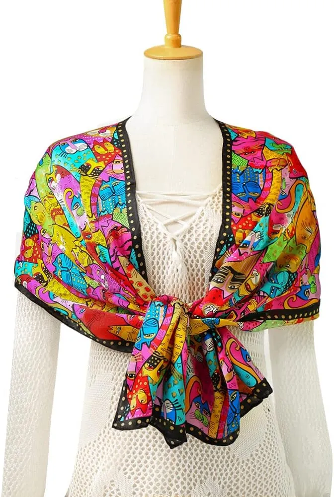 HeyToo Womens 100% Real Silk Scarf Long Satin Floral Artists Painting Fashion Scarves Sunscreen Shawls