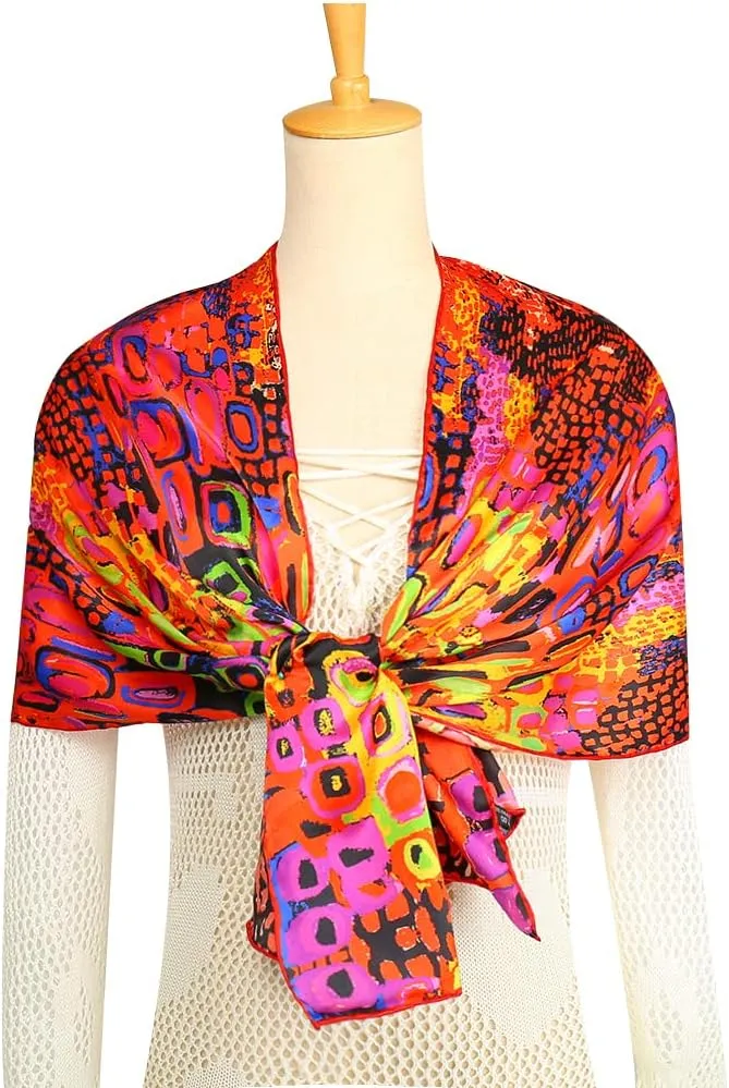 HeyToo Womens 100% Real Silk Scarf Long Satin Floral Artists Painting Fashion Scarves Sunscreen Shawls