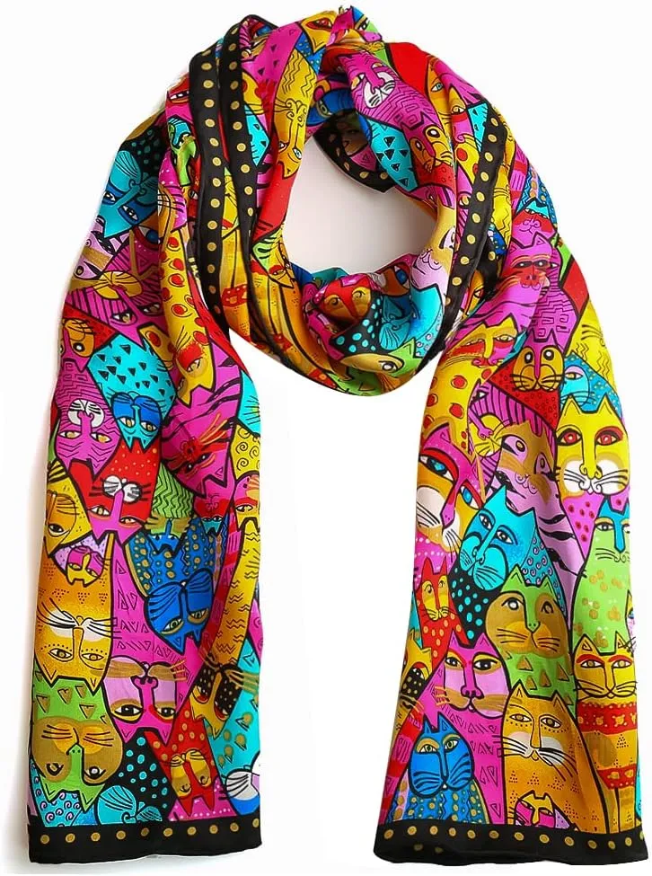 HeyToo Womens 100% Real Silk Scarf Long Satin Floral Artists Painting Fashion Scarves Sunscreen Shawls
