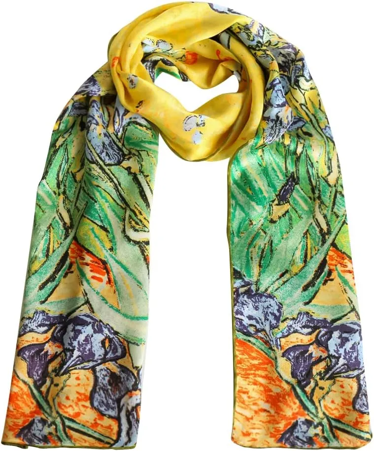HeyToo Womens 100% Real Silk Scarf Long Satin Floral Artists Painting Fashion Scarves Sunscreen Shawls