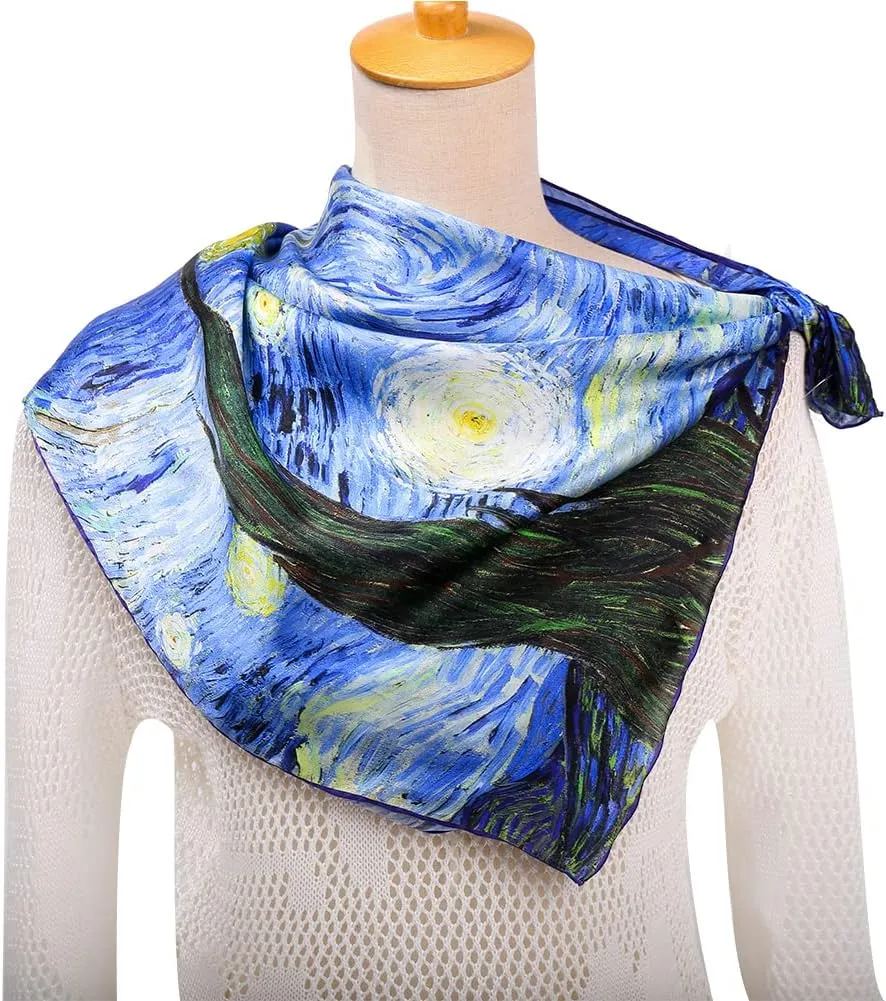 HeyToo Womens 100% Real Silk Scarf Long Satin Floral Artists Painting Fashion Scarves Sunscreen Shawls