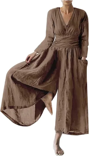 HGps8w 2025 Summer Womens Plus Size Loose Cotton Linen Jumpsuit Cap Sleeve Casual Solid Baggy Rompers Wide Leg Long Pants