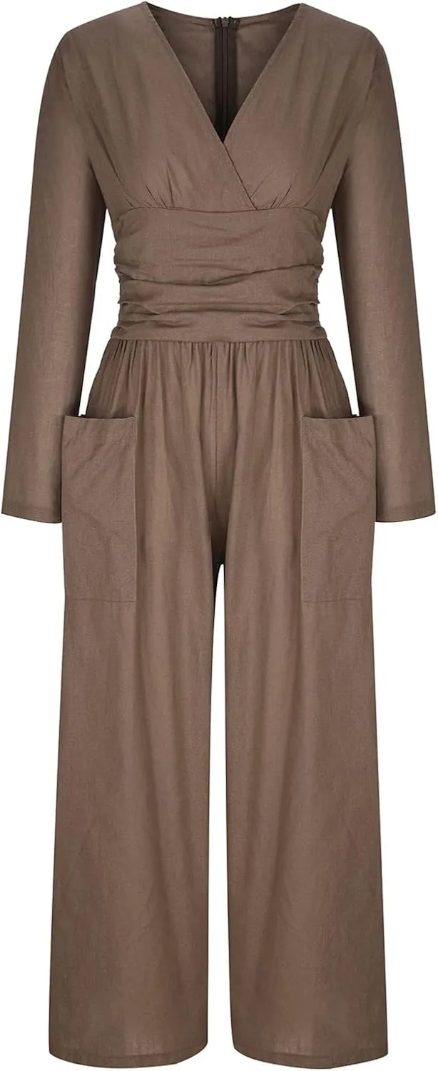 HGps8w 2025 Summer Womens Plus Size Loose Cotton Linen Jumpsuit Cap Sleeve Casual Solid Baggy Rompers Wide Leg Long Pants
