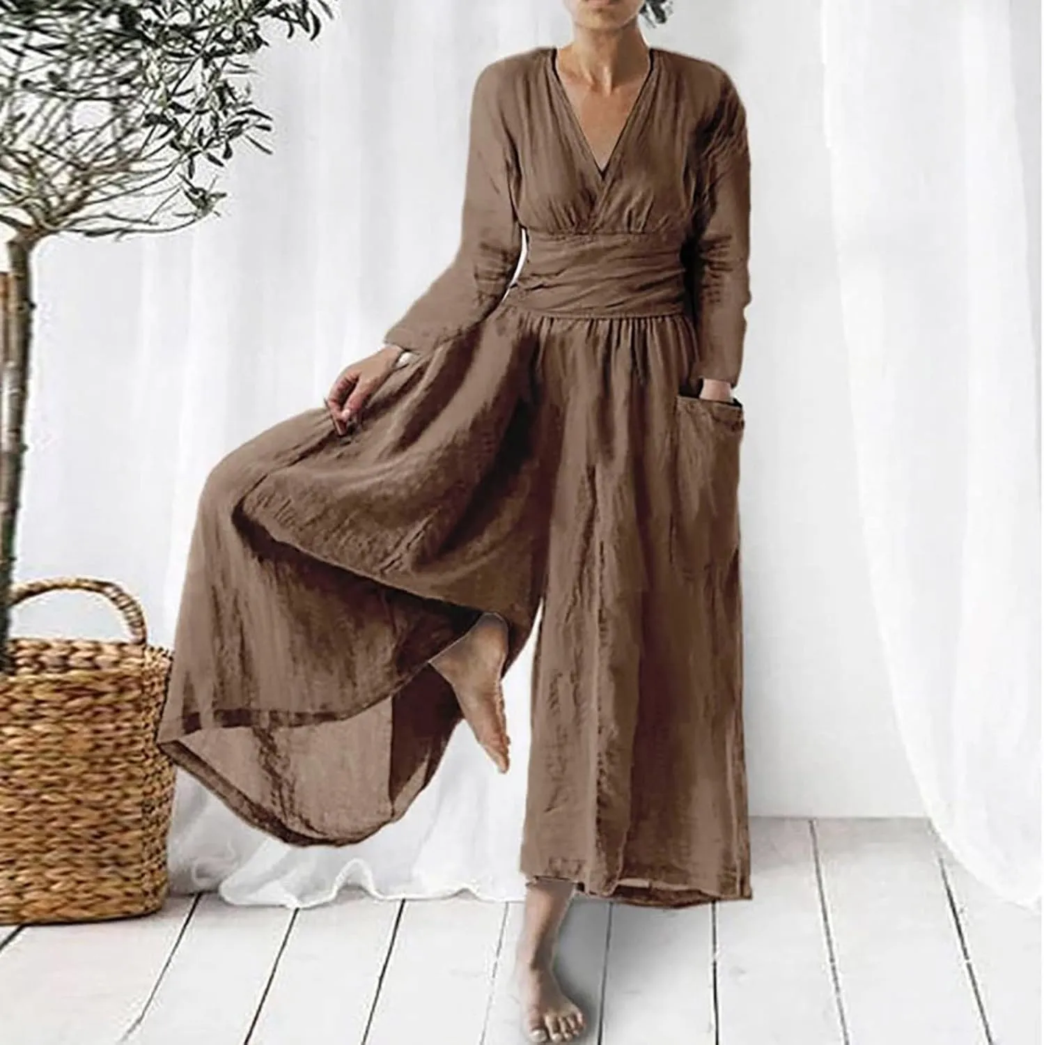 HGps8w 2025 Summer Womens Plus Size Loose Cotton Linen Jumpsuit Cap Sleeve Casual Solid Baggy Rompers Wide Leg Long Pants